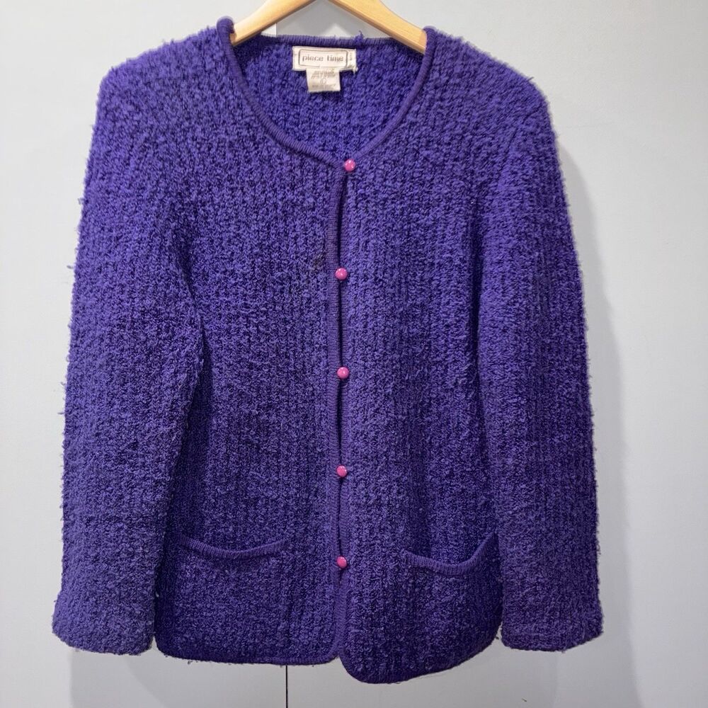 Vintage Piece Time Grape Purple Textured Cardigan L 90s Boucle Sweater Color Pop